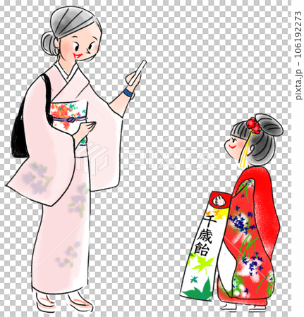 七五三で娘を記念撮影する母親のイラスト 106192273