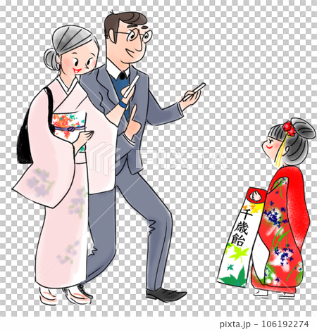 娘の晴れ姿を記念撮影する両親のイラスト 106192274