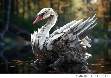 Image of white swan electronic gundam robot technology in the forest. Wildlife Animals. Generative AI. Illustration. 106192847