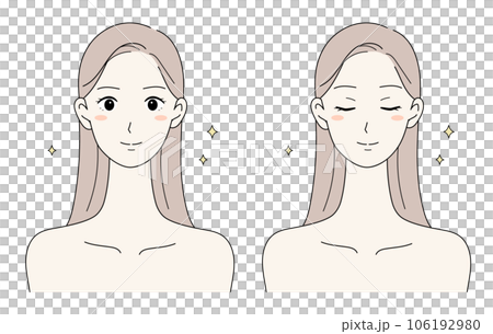 Long-haired woman with beautiful hair and skin Illustration set with a smile and closed eyes 106192980