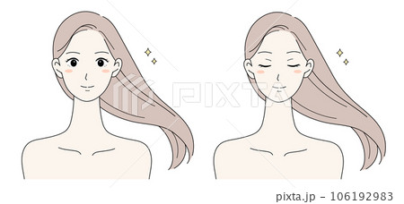 髪と肌が綺麗なロングヘアの女性笑顔と目を閉じているイラストセット 106192983