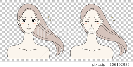 髪と肌が綺麗なロングヘアの女性笑顔と目を閉じているイラストセット 106192983