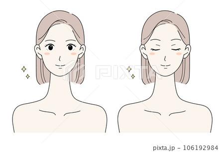 髪と肌が綺麗なボブヘアの女性笑顔と目を閉じているイラストセット 106192984