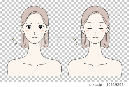 髪と肌が綺麗なボブヘアの女性笑顔と目を閉じているイラストセット 106192984