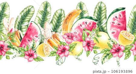 Watercolor tropical horizontal pattern. Seamless pattern with fruits, hibiscus flowers Watercolor tropical horizontal pattern. Seamless pattern with fruits, hibiscus flowers 106193896