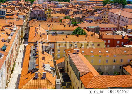 Zadar, old city, bird fly view. View of the medieval city from the tower in the city center 106194550