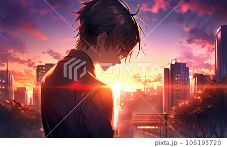 若い青年と逆光の夕日 106195720