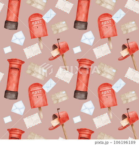 Seamless pattern with English red post box and letters. Watercolor endless background 106196189