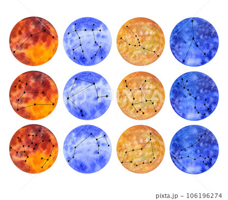 Astrological fire earth air water elements zodiac signs. Horoscope icons. Hand draw watercolor illustration isolated. For logo, calendar Astrological fire earth air water elements zodiac signs. Horoscope icons. Hand draw watercolor illustration isolated. For logo, calendar 106196274