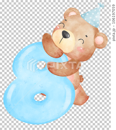 Cute birthday bear number 8, eight, cartoon watercolour illustration Birthday, bear, teddy, number, 8, eight, numbers, blue, boy, watercolor, watercolour, cheerful, cute, adorable, nursery, kid, baby  106197059