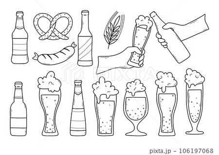Set of beer elements in doodle style. Vector illustration. Linear collection of Glasses of beer, bottles of beer and beer snacks. Set of beer elements in doodle style. Vector illustration. Linear collection of Glasses of beer, bottles of beer and beer snacks. 106197068