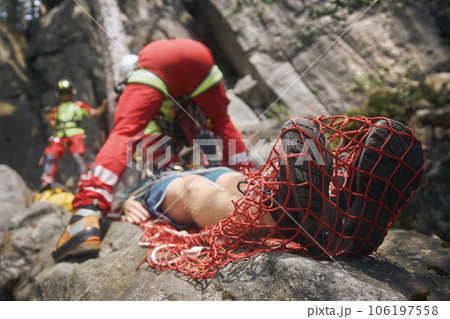 Rescue in difficult to access terrain by Emergency Medical Service. Rescue in difficult to access terrain by Emergency Medical Service. 106197558