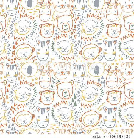 Beautiful kids vector seamless pattern with cute hand drawn safari animal faces. Children stock lion tiger bear zebra monkey illustratrion. 106197587