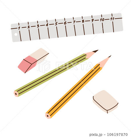 Drawing tools composition, doodle icons of pencils, ruler and erasers, stationery supplies, office tools, vector illustrations of drawing instruments, colored clipart on white background Drawing tools composition, doodle icons of pencils, ruler and erasers, stationery supplies, office tools, vector illustrations of drawing instruments, colored clipart on white background 106197870