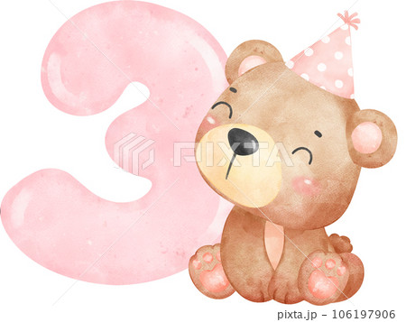 Cute pink birthday bear number 3, three,のイラスト素材