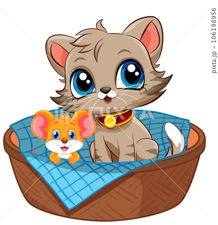 Cat and Mouse Cartoon Characters Sitting in Basket 106198956