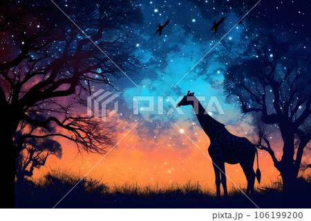 サバンナの夜明けの森とキリンのシルエットと夜空と星空の風景が美しい