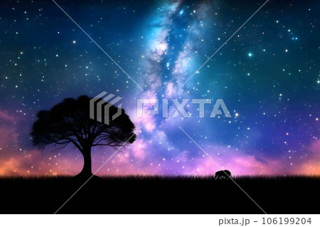 夜空に浮かぶ天の川とサファリの美しい景色のイラスト素材 [106199204