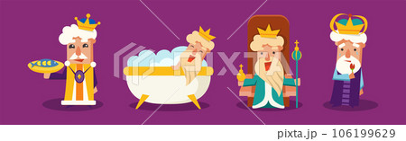Funny King Character with Beard and Crown Engaged in Different Activity Vector Set 106199629