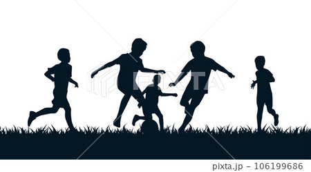 Kids playing soccer silhouettes, footballer, kids with ball 106199686