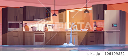 Flood in broken home kitchen room with pipe leak 106199822