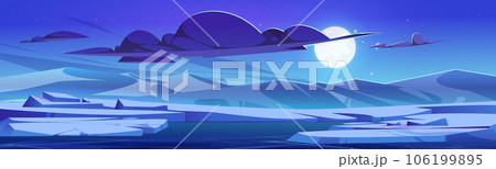 Winter night landscape with lake and mountains 106199895