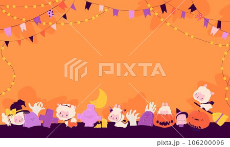 Cartoon Banner with Cute LLama Alpaca wearing Halloween Costumes, Pumpkins, Zombie Hands and Gravesa 106200096