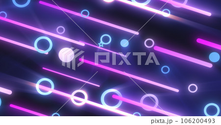 Blue purple glowing geometric abstract background pattern of flying lines and circles 106200493