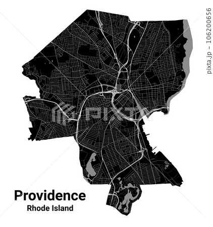 Providence city map, capital of the USA state of Rhode Island. Municipal administrative borders, black and white area map with rivers and roads, parks and railways. Providence city map, capital of the USA state of Rhode Island. Municipal administrative borders, black and white area map with rivers and roads, parks and railways. 106200656