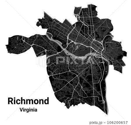 Richmond city map, capital of the USA state of Virginia. Municipal administrative borders, black and white area map with rivers and roads, parks and railways. Richmond city map, capital of the USA state of Virginia. Municipal administrative borders, black and white area map with rivers and roads, parks and railways. 106200657