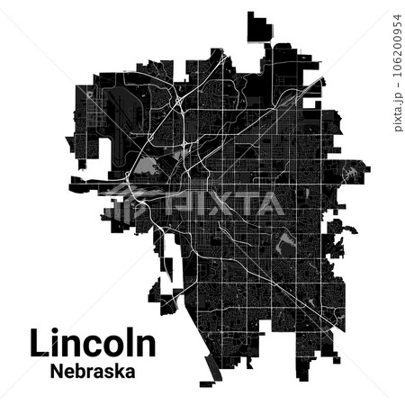 Lincoln city map, capital of the USA state of Nebraska. Municipal administrative borders, black and white area map with rivers and roads, parks and railways. Lincoln city map, capital of the USA state of Nebraska. Municipal administrative borders, black and white area map with rivers and roads, parks and railways. 106200954