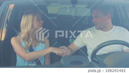 A young man passed her driving test. Driver courses, exam and people concept. A young man passed her driving test. Driver courses, exam and people concept. 106201481