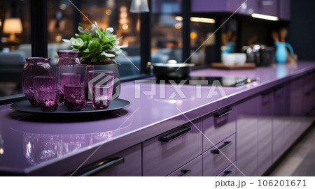 Purple Glance Kitchen in modern style with light worktop with kitchen utensils. Purple Glance Kitchen in modern style with light worktop with kitchen utensils. 106201671