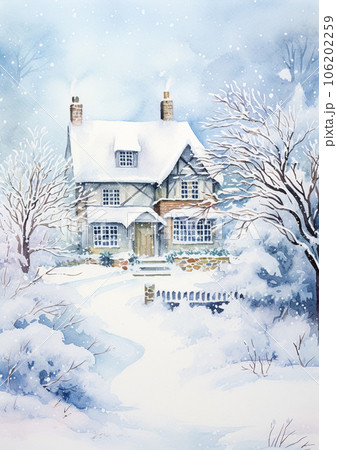 Merry Christmas and Happy Holidays, watercolour printable art print, English countryside cottage as snow winter holiday Christmas card, thank you and diy greeting card design, country style Merry Christmas and Happy Holidays, watercolour printable art print, English countryside cottage as snow winter holiday Christmas card, thank you and diy greeting card design, country style 106202259