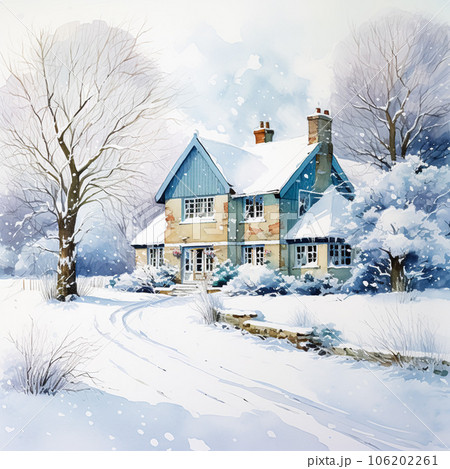 Merry Christmas and Happy Holidays, watercolour printable art print, English countryside cottage as snow winter holiday Christmas card, thank you and diy greeting card design, country style 106202261