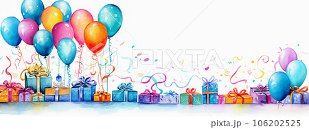 Gift boxes and balloons on a white background. digital illustration. selective focus. Generative AI 106202525
