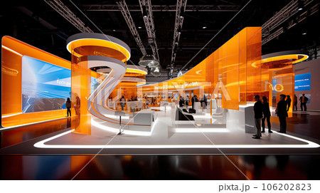 Commercial stand in an exhibition hall or a large professional salon ready to receive brands and advertisements 106202823