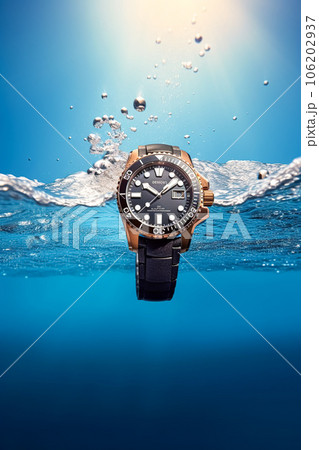 Waterproof luxury mens watch underwater in the ocean or sea commercial concept, bespoke water resistant design, generative ai Waterproof luxury mens watch underwater in the ocean or sea commercial concept, bespoke water resistant design, generative ai 106202937