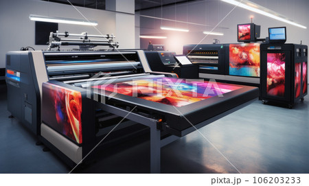 Interior of modern office printshop with multifunctional professional publishing and photocopy equipment. Business, paperwork and publication. Large format printer Interior of modern office printshop with multifunctional professional publishing and photocopy equipment. Business, paperwork and publication. Large format printer 106203233