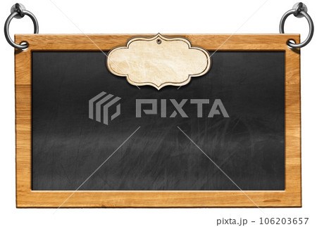 Empty Blackboard with Rectangular Wooden Frame and Blank Label 106203657