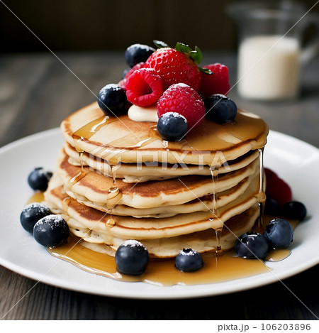 Pancakes with berries on a plate 106203896