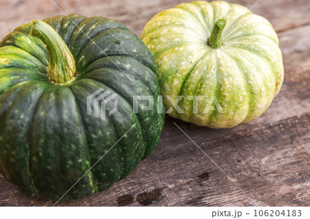 Autumnal Background. Natural autumn fall view pumpkins on wooden background. Inspirational october or september wallpaper. Change of seasons ripe organic food concept. Halloween party Thanksgiving day 106204183