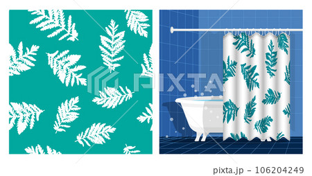 Bathroom interior with bathtub and curtain decorated wormwood leaves silhouettes of grass seamless pattern. Vector illustration, ornament for design of posters, printing on fabric Bathroom interior with bathtub and curtain decorated wormwood leaves silhouettes of grass seamless pattern. Vector illustration, ornament for design of posters, printing on fabric 106204249