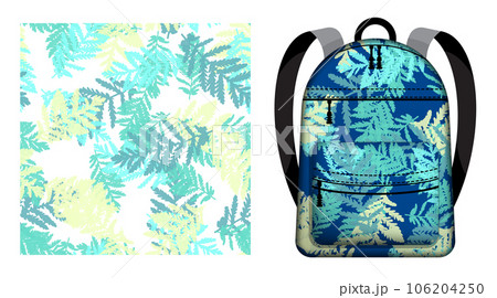 Children school backpack decorated wormwood leaves silhouettes of grass seamless pattern. Field grass floral ornate. Vector ornament for design of posters and printing on textile 106204250