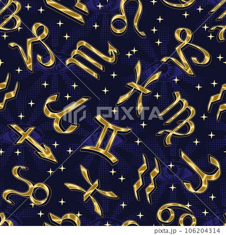 Seamless pattern with golden icons of all zodiac signs, stars, third eye, all seeing eye on dark blue background. Esoteric mystic concept. For prints, clothing, t shirt, surface design 106204314