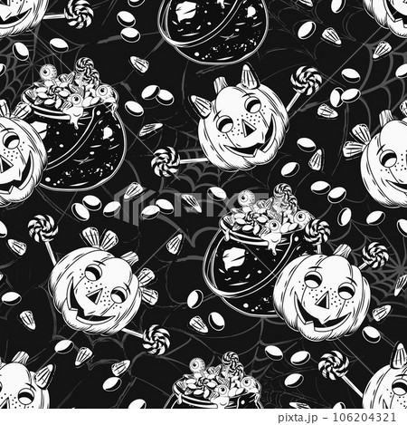 Pattern with witch cauldron full of traditional halloween candy, eyeballs, pumpkin heads like happy kids. Drops of goo, slime. Grunge silhouette of spider web behind 106204321
