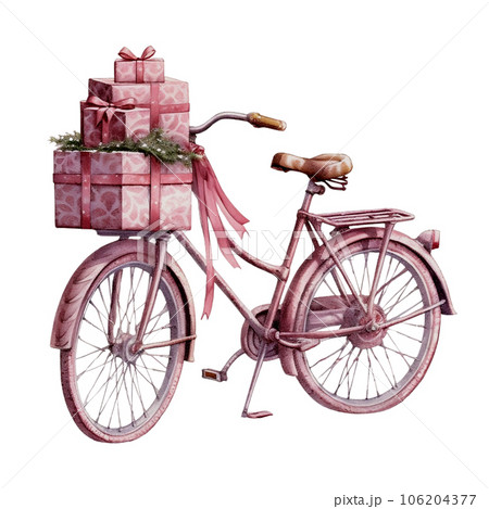 Romantic Cozy Christmas Pink Bicycle Watercolor Illustration 106204377