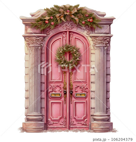 Romantic Cozy Christmas Front Door Pink Watercolor Illustration 106204379