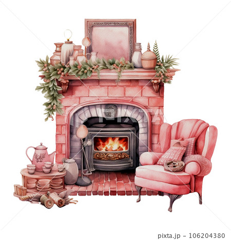 Romantic Cozy Fireplace Pink Christmas Watercolor Illustration 106204380