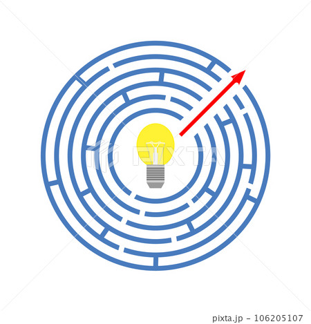 Round maze with arrow. Labyrinth and glowing bulb inside. Vector illustration, drawing and clipart. Editable template. 106205107